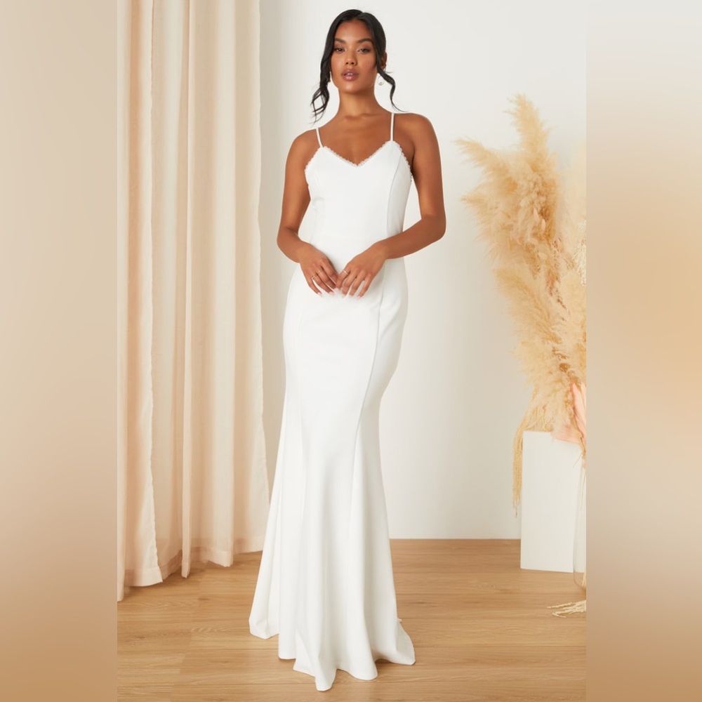 Lulus Taliana White Lace Back Wedding Dress Mermaid Bridal Gown Size S NWOT
